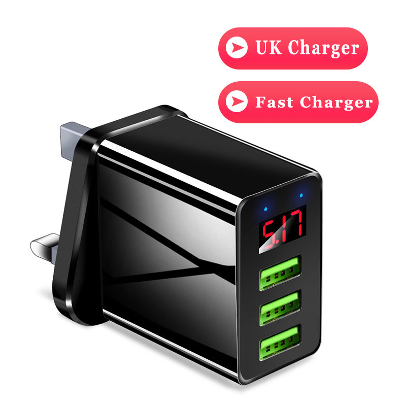 Elough 3 porty USB szybka ładowarka 30W 5V/3A LED cyfrowy wyświetlacz telefon komórkowy szybka ładowarka ładowarki do telefonów komórkowych uniwersalna ładowarka do iPhone Xiaomi Poco x3 ładowarka ścienna: UK Black