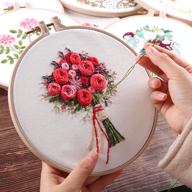 DIY Ribbon Embroidery Kit Flower Printed Floral Pattern Cross Stitch Needlework with Embroidery Hoop Frame Wall Painting Art