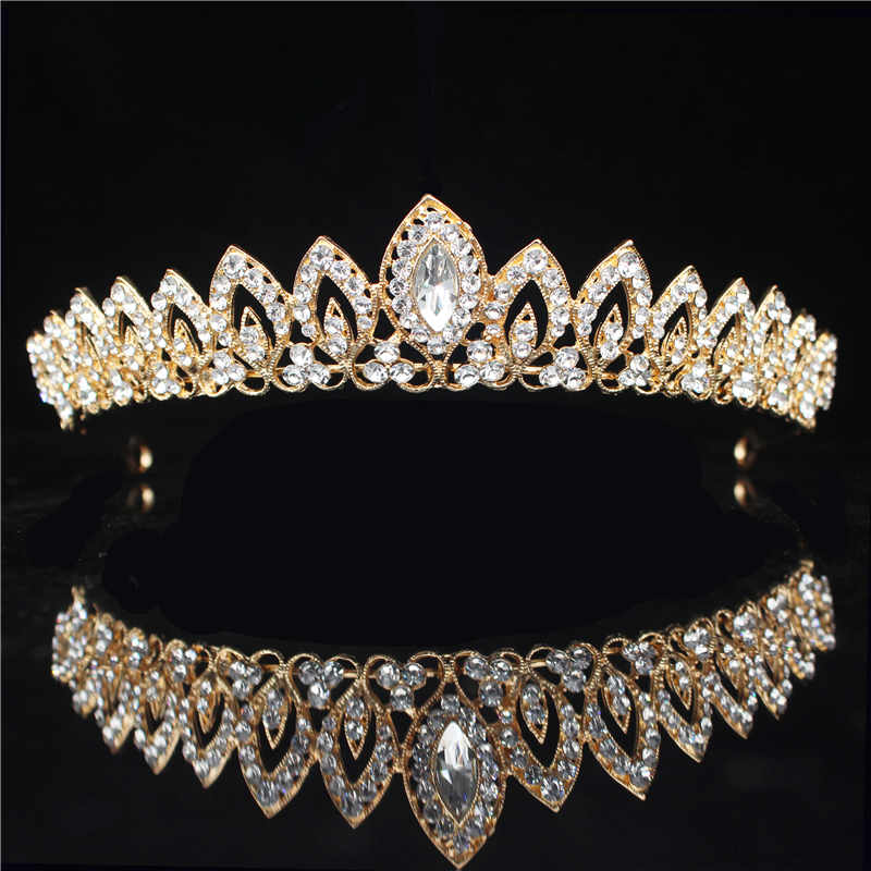 Guldfärgad kristall strass krona och tiara bröllop hårsmycken accessoarer för kvinnor brudtiaror huvudbonad flickor pannband: Guldfärg