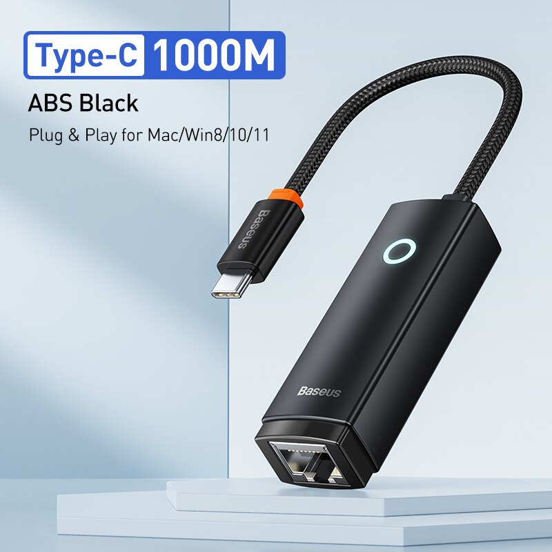 Baseus USB C to Ethernet Adapter Aluminum Gigabit USB C Adapter for Laptop MacBook Pro 1000/100Mbps USB Lan RJ45 Network Card: black