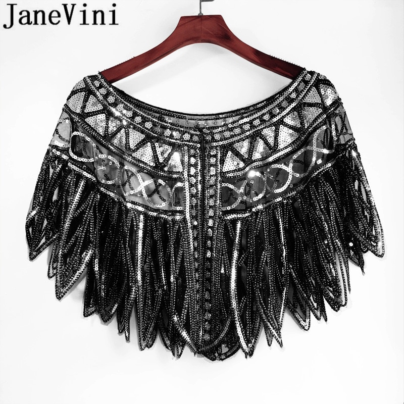 JaneVini, capa de lentejuelas ostentosas y ostentosas para mujer, estolas nupciales con cuentas para boda, chaqueta negra dorada, vestido de noche para , Boleros, tapetes