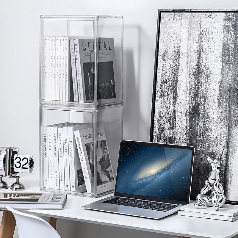 Desktop book organizer gennemsigtig støvtæt magasin opbevaringsboks fortykket plast reol kontor indretning bogreol vitrine