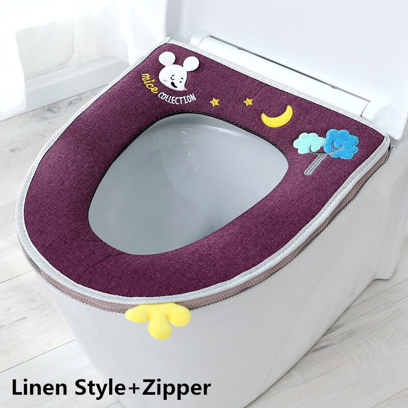Home Four Seasons Toilet Cover Sitting Washer Washable Zipper Toilet Cover Universal Waterproof And Cute Toilet pad Plush/linen: Linen purple mouse