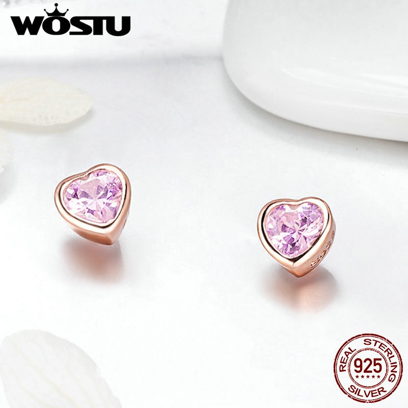 WOSTU Authentische 925 Sterling Silber Rose Gold Herz Stud Ohrringe Für Frauen Funkelnden Rosa CZ Schmuck Silber Party
