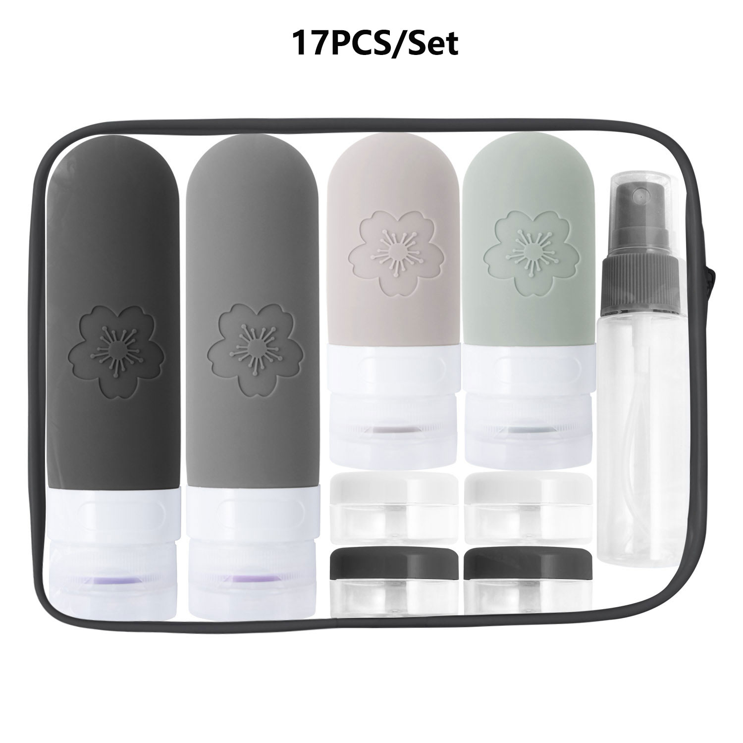 17- pack reseflaskor, tsa-godkända, läckagesäkra, klämbara silikonbehållare för toalettartiklar, balsam, schampo och lotion: Ljusgrå