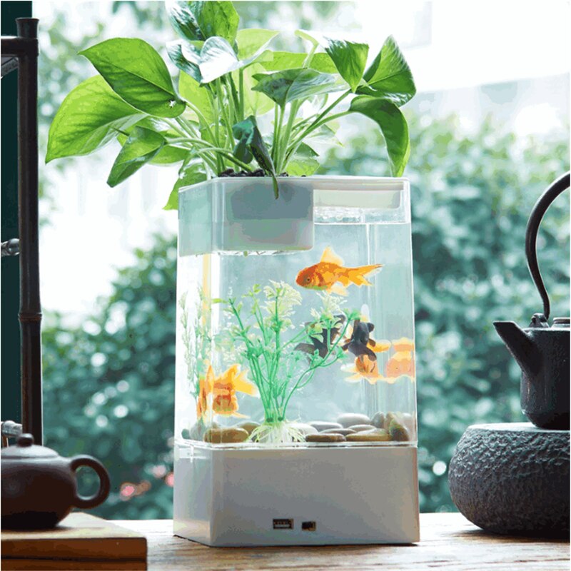 Hongyi lazy mini akryl akvarium skrivebord gennemsigtigt akvarium selvrensende økologisk akvarium