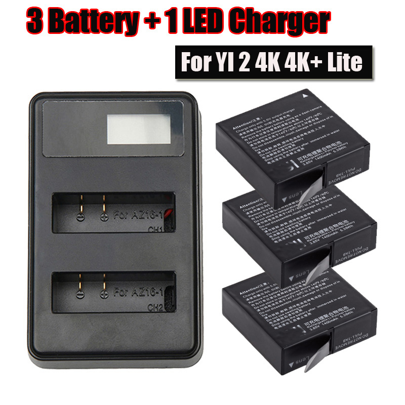 xiaoyi 2 4k,yi lite Charger For Lithium Battery + LCD Smart Battery For Original Xiaomi Yi 4k 4k+ YI Lite 360 Action Camera: 1 Charger 3 Battery
