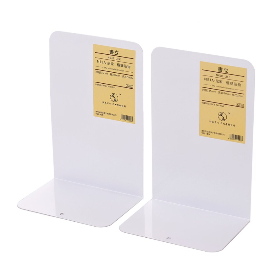 1 Pair L-shaped Metal Bookends Heavy Duty Book Ends Book Holder Stand Desk Organizer Bookshelf Shelves with Anti-slip Pads: White
