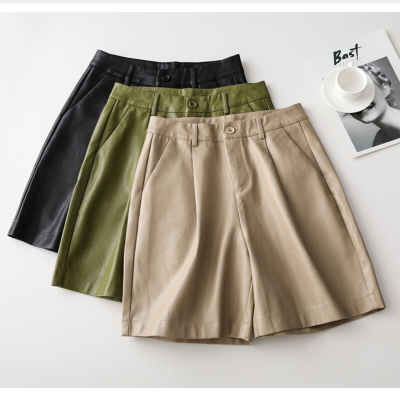 Ryggknapper s -3xl pu skinnshorts dame høst vinter løs fempunkts skinnbukse plus size shorts