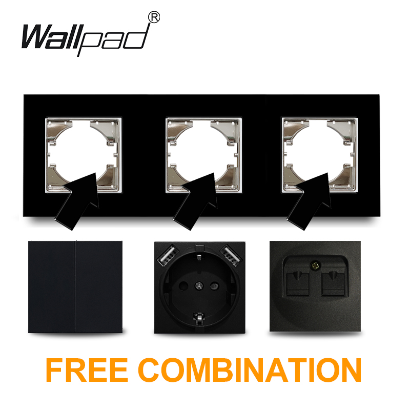 Cuádruple Enchufe europeo caja redonda montaje CE Wallpad cristal negro de lujo 4 Marco 16A EU enchufe eléctrico estándar con garras