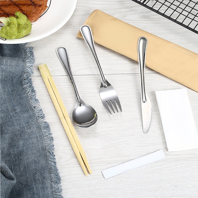 Visual Touch Portable Disposable Wooden Stainless Steel Cutlery Sets Spoon Chopsticks Travel Picnic Forks Restaurant Dinnerware