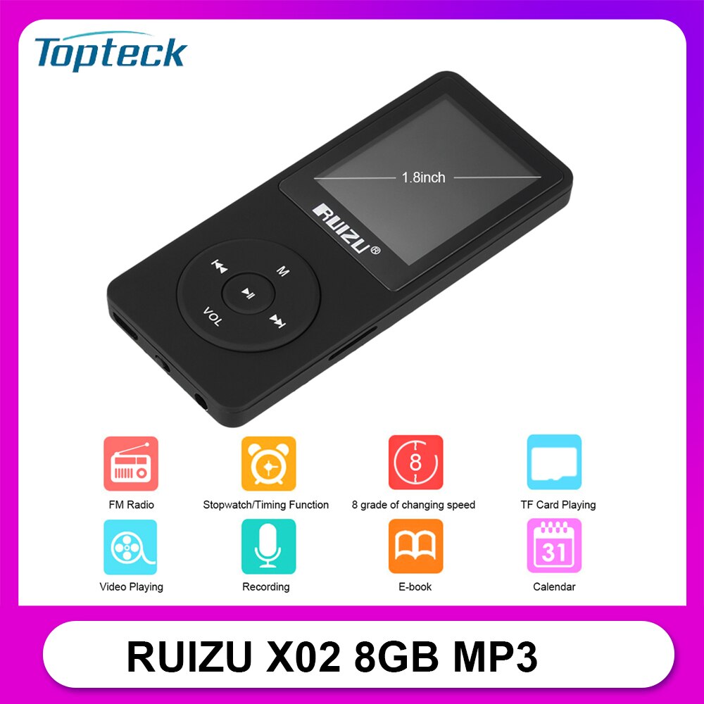 Ruizu  x02 8gb 1.8in mp3 mp4 speler hifi lossless geluid stopwatch tf-kaart fm radio opname e-book kalender timing