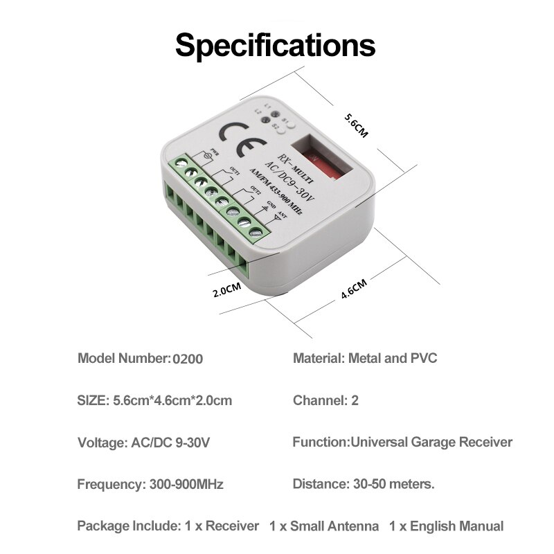 Garage Door Gate Remote Control Switch Rolling Code 300-868mhz 433mhz 315 390 868 MHz 2-channel AC DC 9-30V Receiver