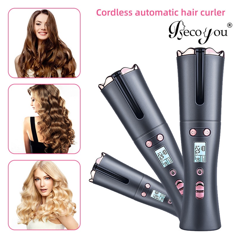 Automatic Hair Curle Portable Cordless USB Electric Hair Curling Wand Roller Iron with 3 Temperature Settings Timer LCD Display