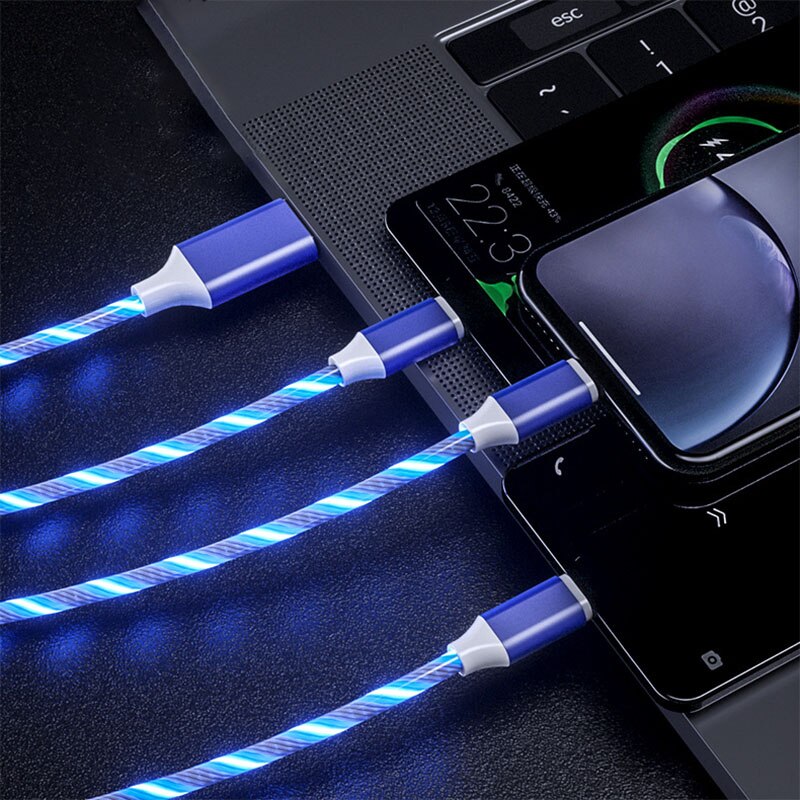 3in1 LED Flow Luminous Lighting Cable Micro USB Type C Charger Cable for iPhone Huawei Samsung Data Wire USB C Phone Micro Kable: Blue