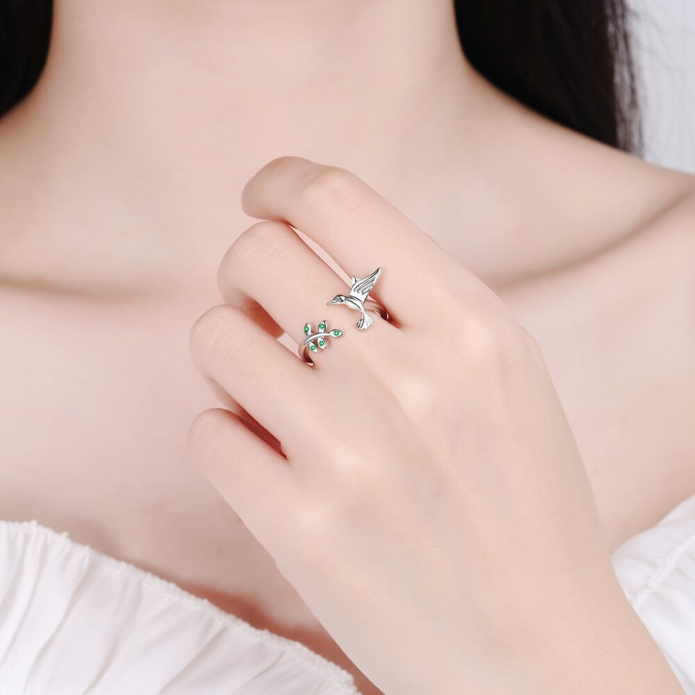 Nehzy S925 Stempel Zilver Vrouwen Mode-sieraden Crystal Zircon Leaf Bird Eenvoudige Opening Verstelbare Ring