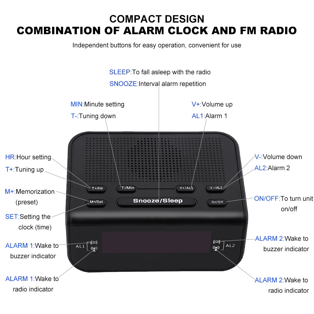 Compact Digital Dual LED display Alarm Clock Port LCD Display Backlight With FM Radio Sleep Timer Black