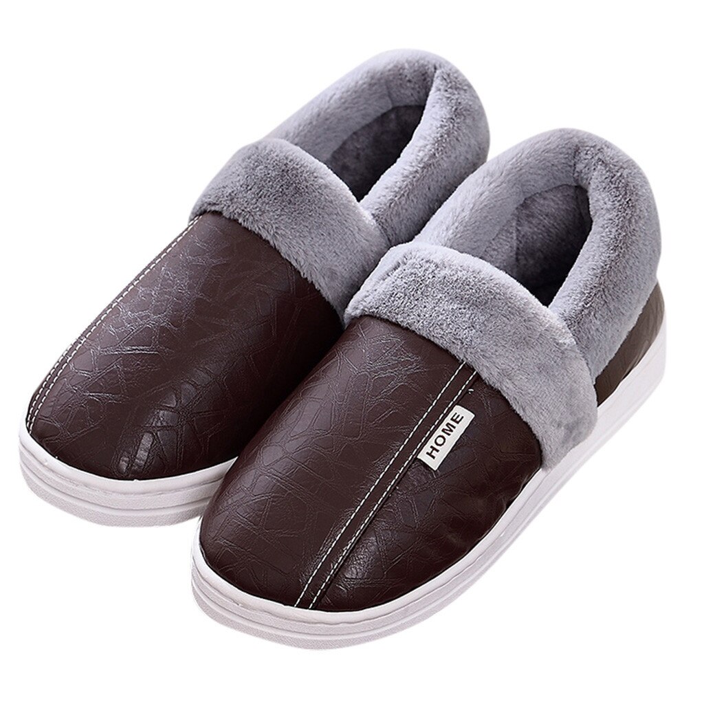 Winter Men Slippers Waterproof Warm Non-slip Floor Home Slippers Outdoor Indoor Bedroom House Shoes Men Cover Heel Slipper: Brown / 41