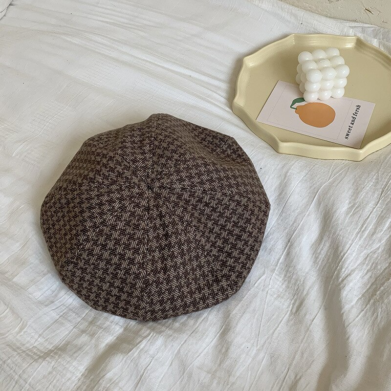 Béret pied-de-poule en forme de citrouille pour femme, Version coréenne, décontracté, chapeau de peintre, printemps et automne: Marron