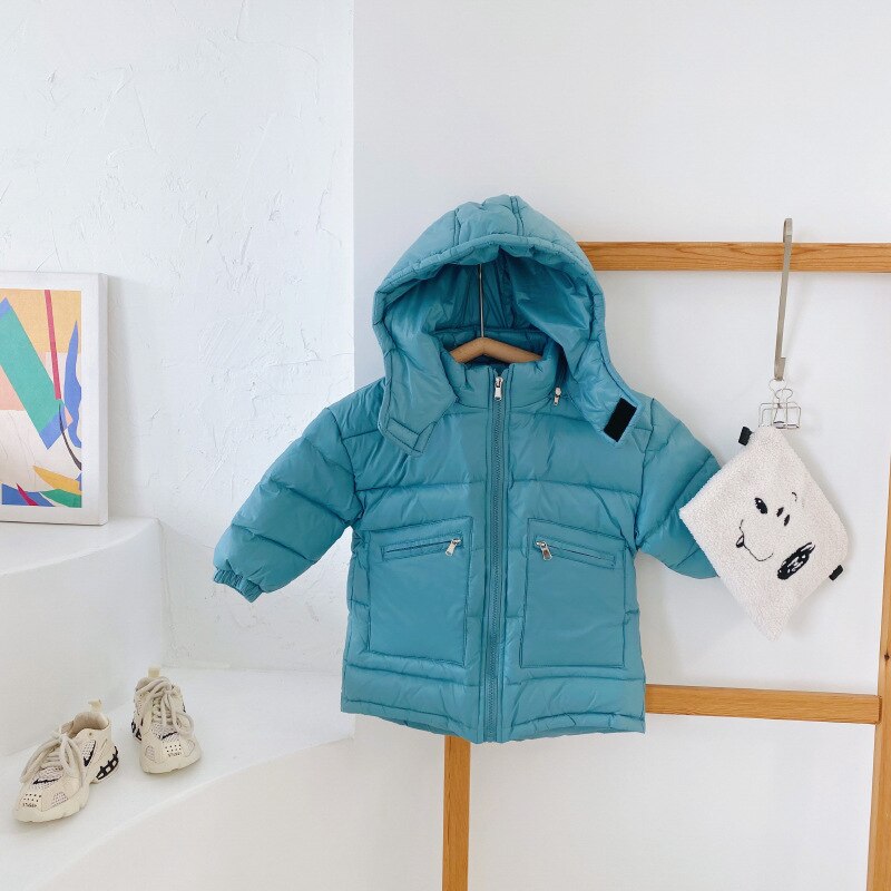 Wintermeisjes warme dikke capuchon donsjacks lange winddicht effen kleur dikkere bovenkleding: Lichtblauw / 7