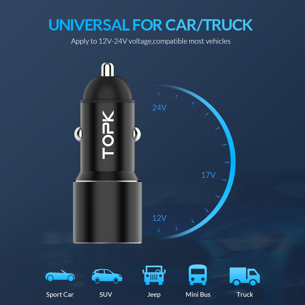 TOPK G207Q chargeur de voiture double USB Charge rapide 3.0 chargeur rapide voiture-chargeur pour iPhone Xiaomi chargeur de téléphone adaptateur dans la voiture