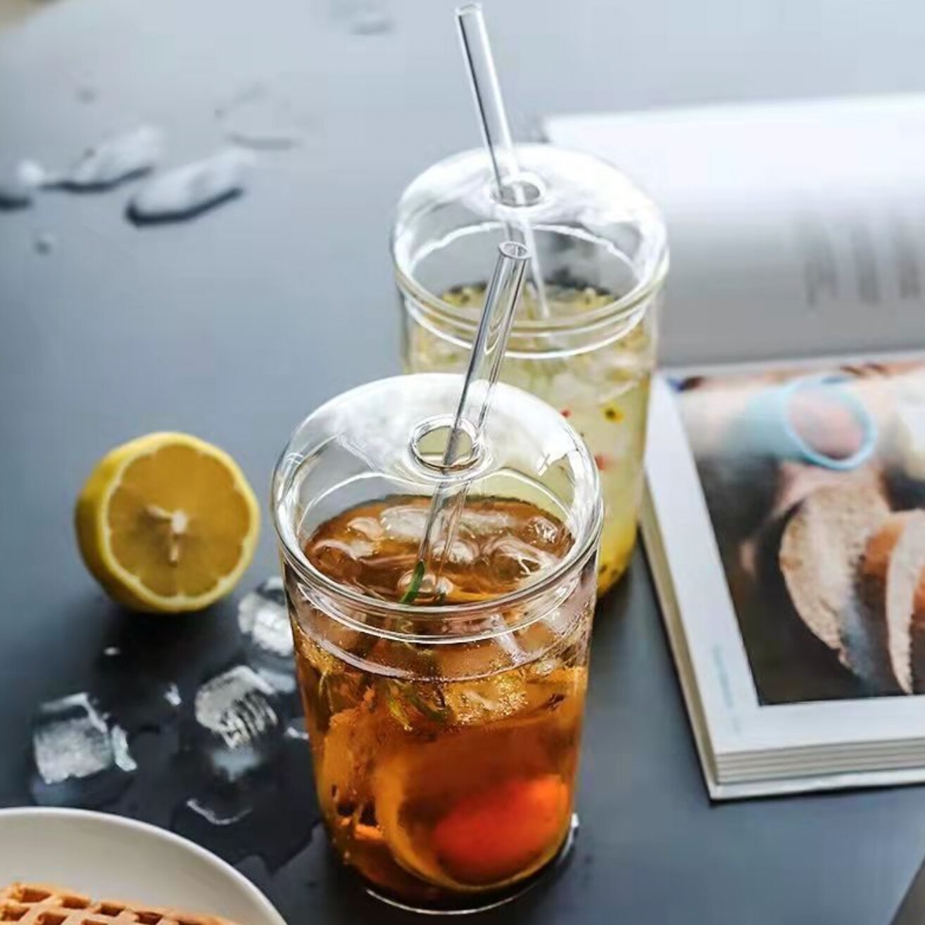 High Borosilicate Glass Colorful Flower Coffee Mug with Straw and Lid Transparent Drinking Milk Tea Cups Drinkware