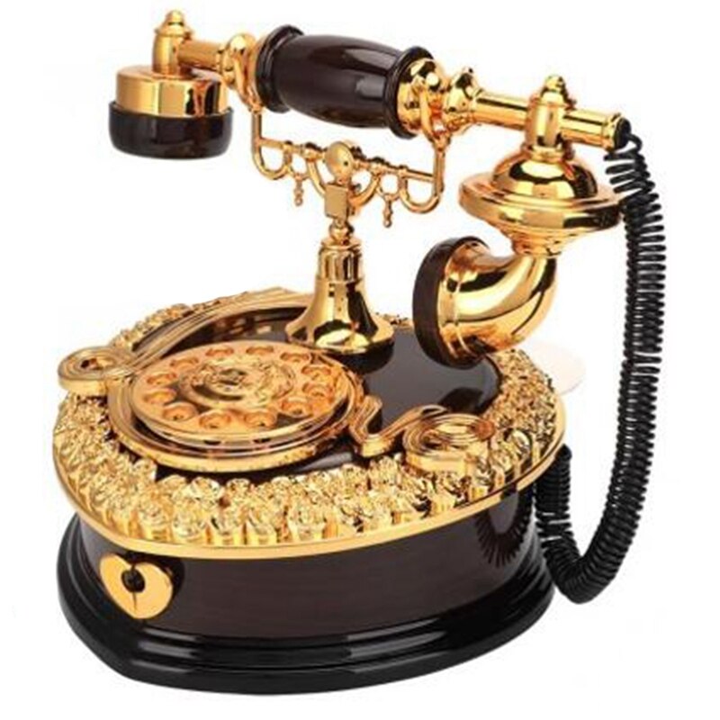 Retro Heart Shaped Telephone Model Music Box Birthday Home Ornament Decoration Antique Carved Wooden Hand Crank Music Box: Black