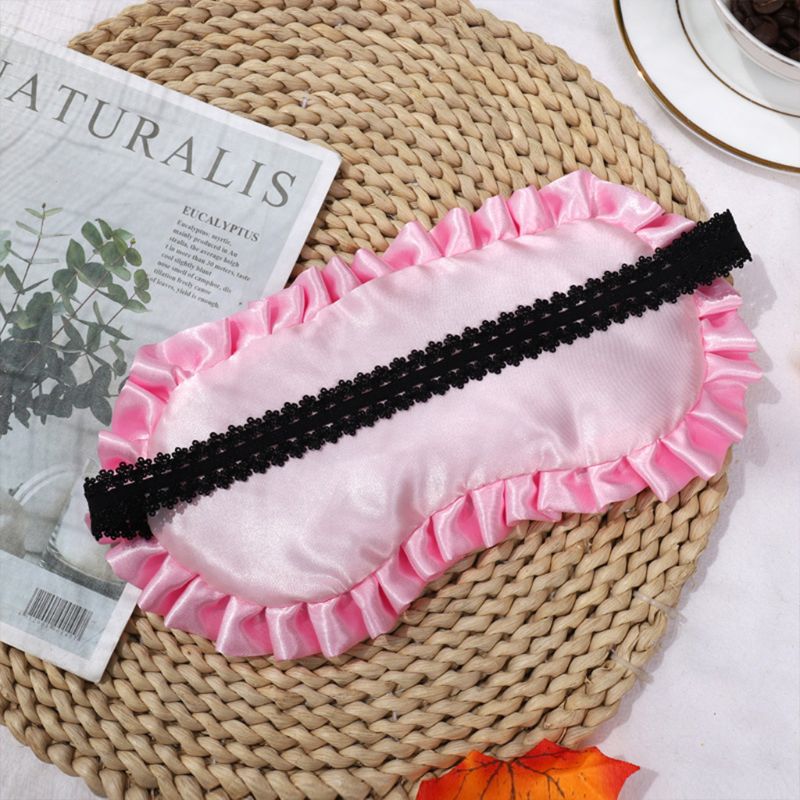 Women Imitation Silk Satin Sleeping Eye Mask Pleated Ruffles Trim Gold Letters Embroidery Eyeshade Travel Blindfold