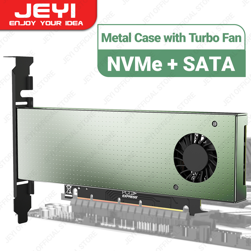 Adapter JEYI SK9 M.2 Dual PCIE 4.0 do dysków NVMe / NGFF SSD z wentylatorem Turbo, NVME (klucz m) i SATA (klucz b) do gniazda PCIe x4 X8 X16