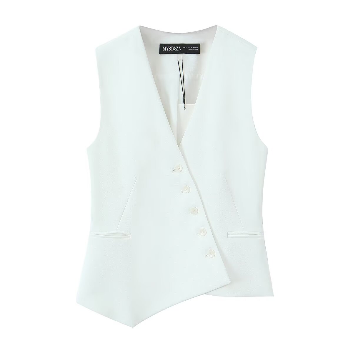 TFMLN nouvelles femmes printemps été gilet asymétrique femme col en v mince gilet de transport haut sans manches boutons noir blanc vêtements d'extérieur: L / Beige