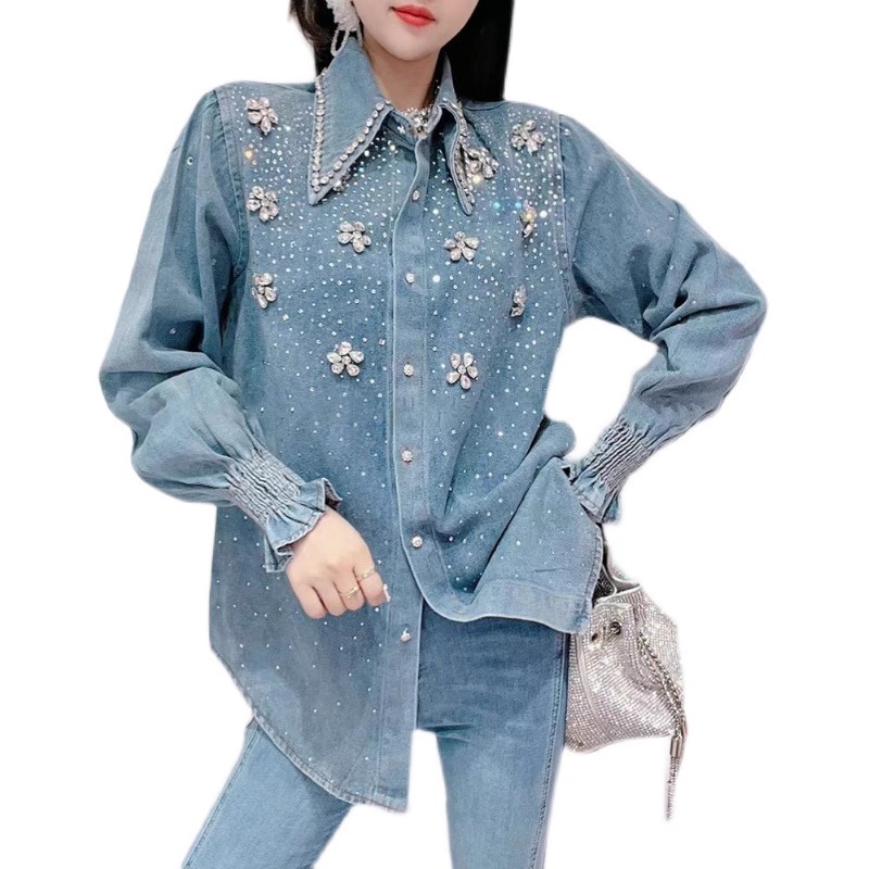 Eleganta kvinnor diamanter pärlblommor jeansblusar strass jeansskjortor paljettkofta kristall ytterkläder borrningstoppar blusor