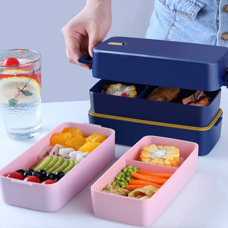 Keuken Koelkast Voedsel Vers Houden Doos Dubbele Laag Lunch Box Bento Box Plastic Kantoor Magnetron Lunchbox Verzegelde Servies