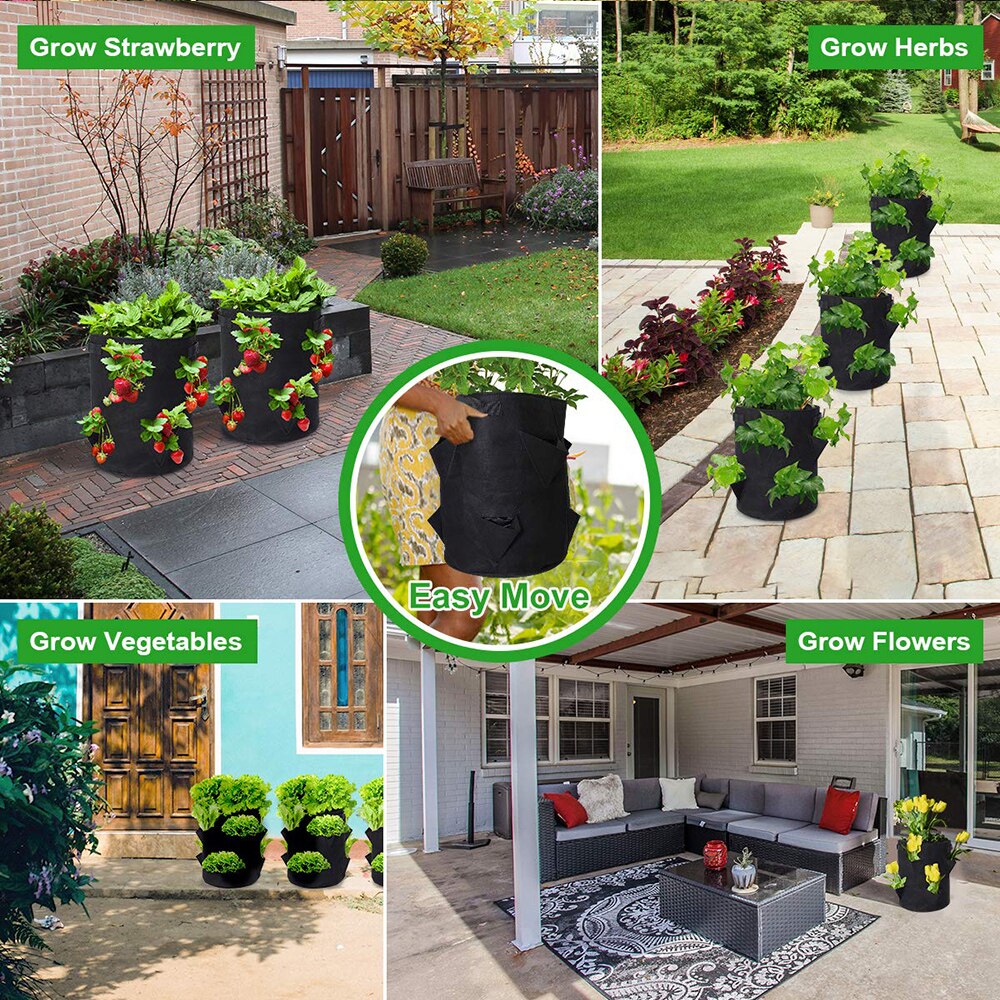 Garden Outdoor Planting Grow Bag Strawberry Vertical Flower Herb Pouch Root Breathable Vegetable Round Reusable Pot Planter