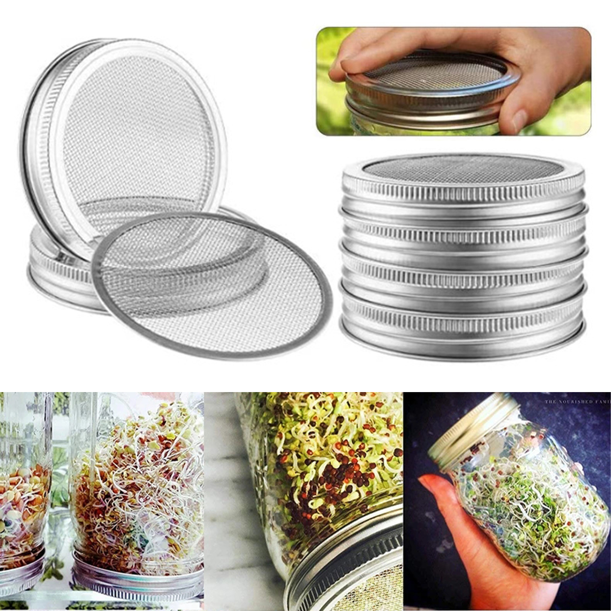 Couvercle de Germination de germes de graines en acier inoxydable, couvercle de bidon de germes de graines lavable à large bouche, écran de bocaux Mason pour cultiver des haricots, 1/2 pièces