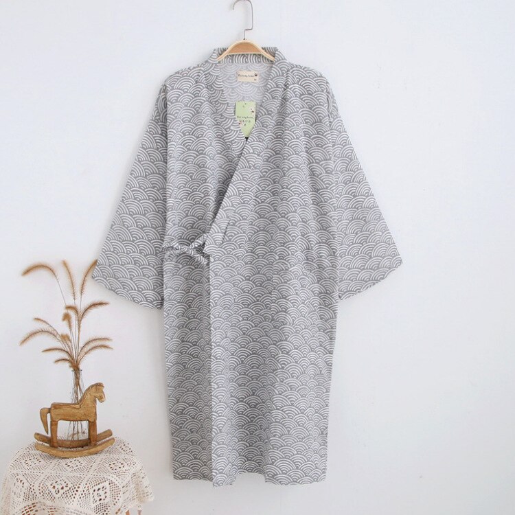 Simple Kimono Robe Yukata Kimono Cardigan Men Japan Traditional Pajamas Leisure Wear Homewear Water Ripple Print Cotton Bathrobe: Gray / L