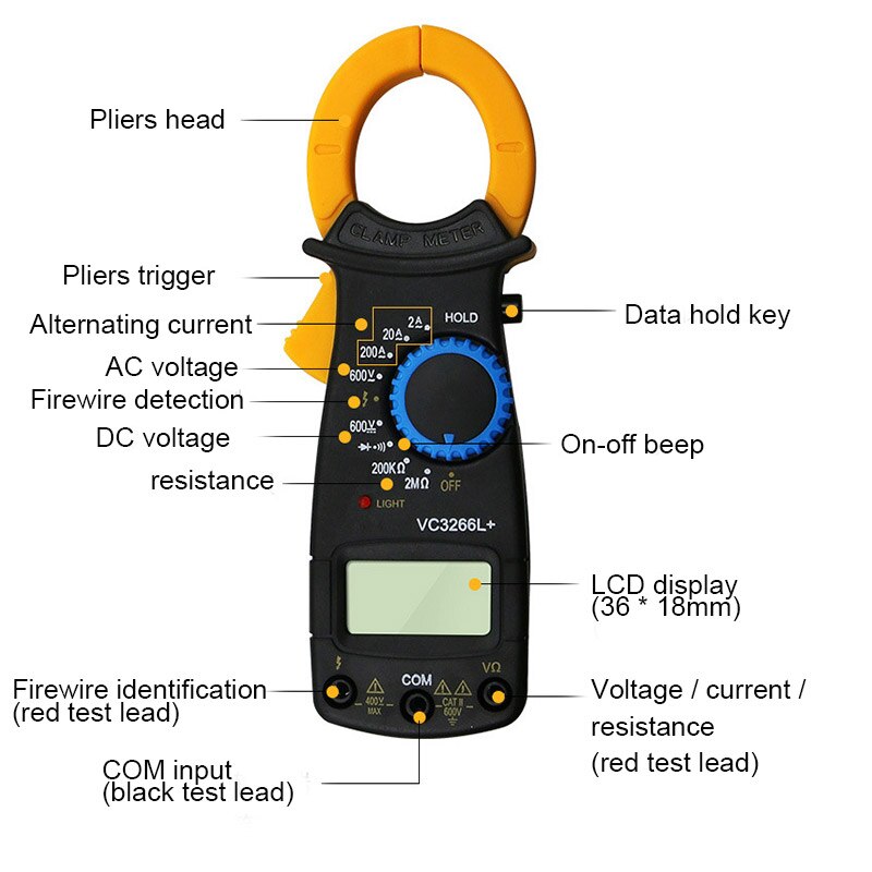 High Multimeter Digital Clamp Meter Voltage Current Resistance Tester Tool with Probe LG66