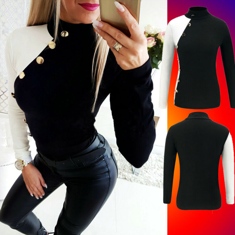 Mujeres Streetwear otoño manga larga Camiseta Casual Delgado abotonado superior camiseta