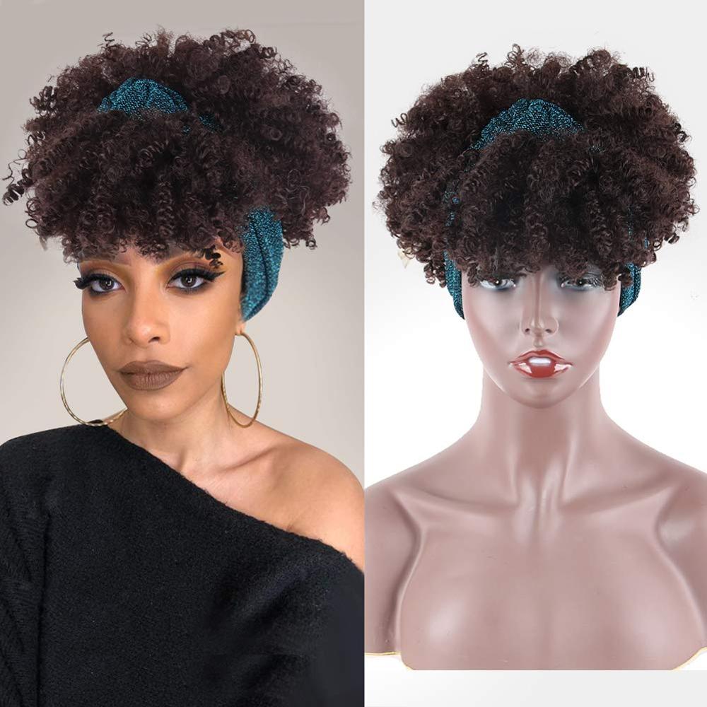 Afro Puff Turban Synthetic Wig Short Kinky Curly Headwrap Drawstring Wrap-wig 2 in 1 Updo Head-Wrap Wig for Black Women: #4