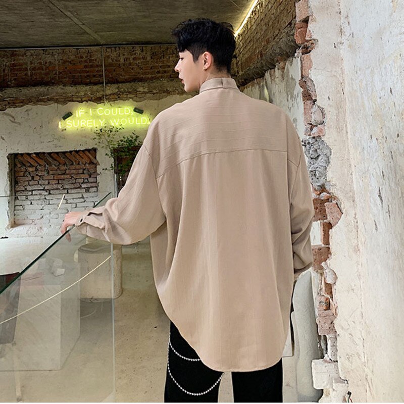 / herenkleding strik kraag gestreept overhemd lente zomer losse lange mouwen grote maten koreaanse tops casual tide 9 y 1721