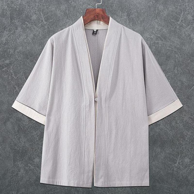Cárdigan Kimono de lino de estilo chino para hombre, ropa tradicional Yukata japonesa Samurai, ropa informal de playa, ropa asiática delgada, 3XL, 4XL, 5XL: XL / Oro
