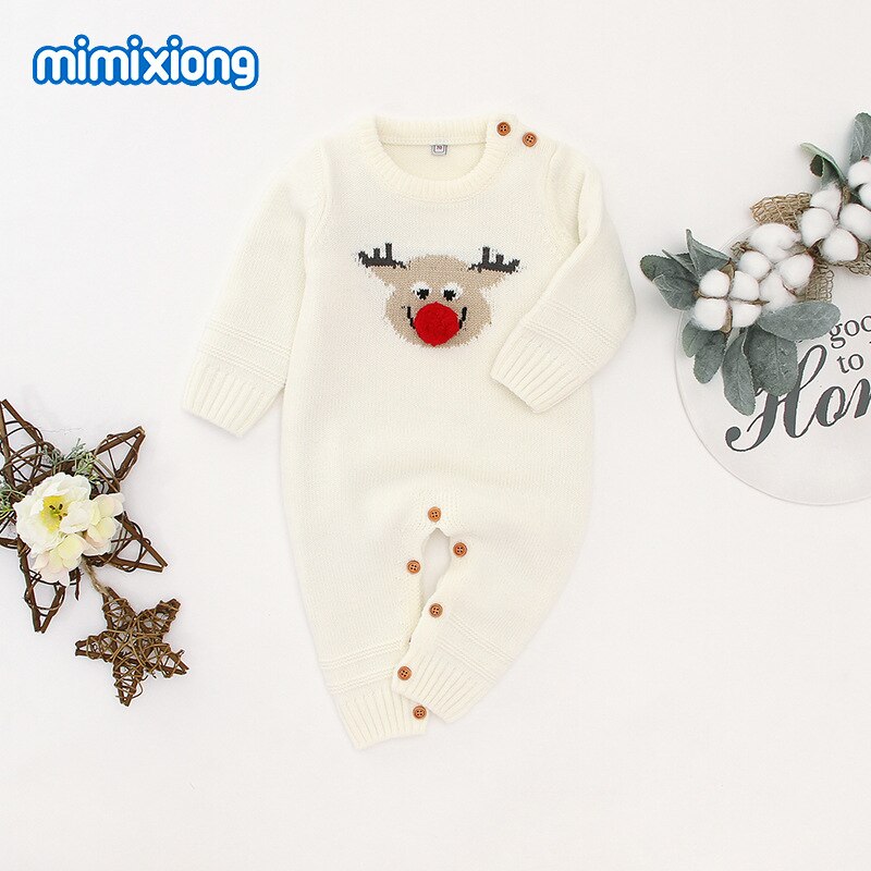 Baby Kerst Breien Romper Kids Herfst Winter Kleding Lange Mouwen Kerst Elanden Jumpsuits Baby Boy Meisje Romper Knit Kleden: White / 3-6M