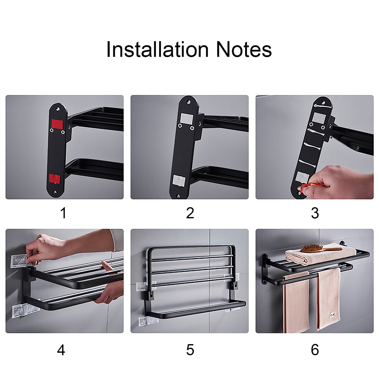 Foldable Double Layer Black Matte Space Aluminum Bath Towel Holder Rack Shelf for Bathroom Kitchen Office Black