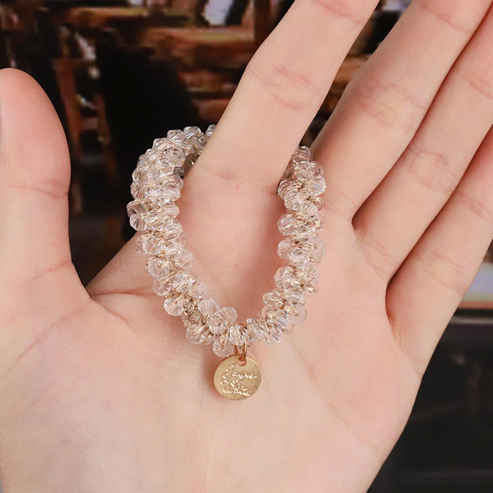 Anneaux de cheveux en perles de cristal pour femmes, attaches de perles, supports de queue de cheval, accessoires pour cheveux, bande élastique pour cheveux, chouchous pour filles, bracelet: Beige