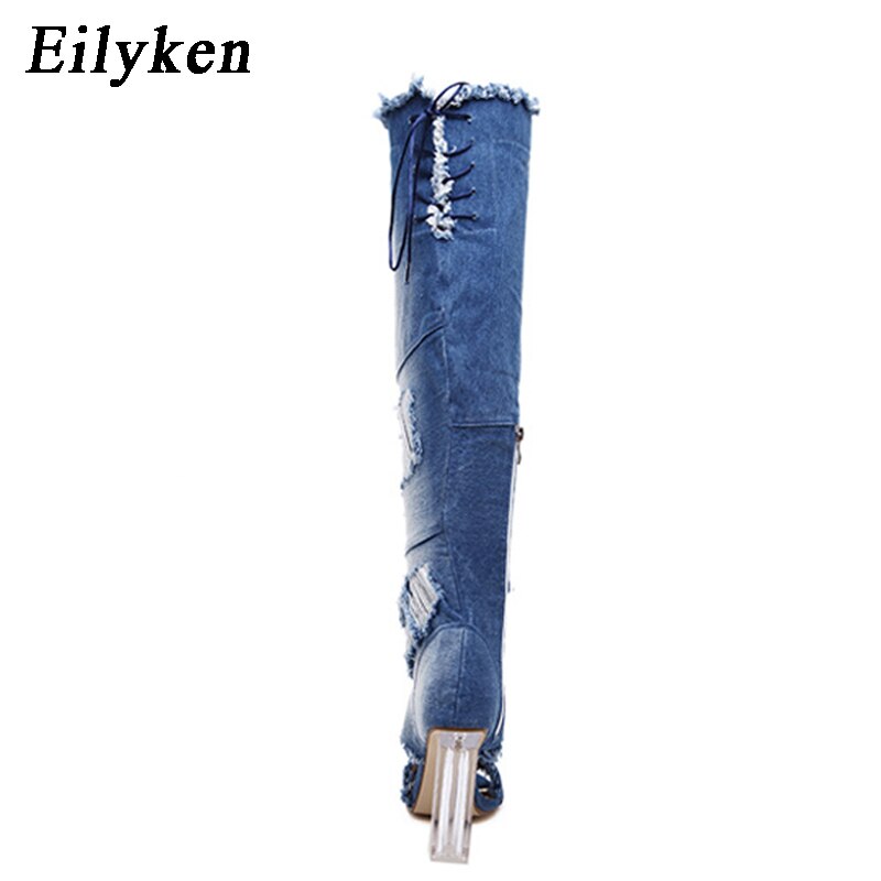 Eilyken Vrouwen Sandalen Zomer Overknee Denim Gladiator Sandalen Laarzen Knie Hoge Open Teen Boot Vrouw Schoenen Hemelsblauw Maat 40