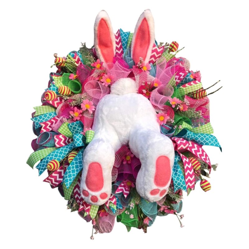 Easter Rabbit Wreath Bunny Decoration Garland Front Door Hanging Ornament Wall Home Party Easter Wreath Decorative: a