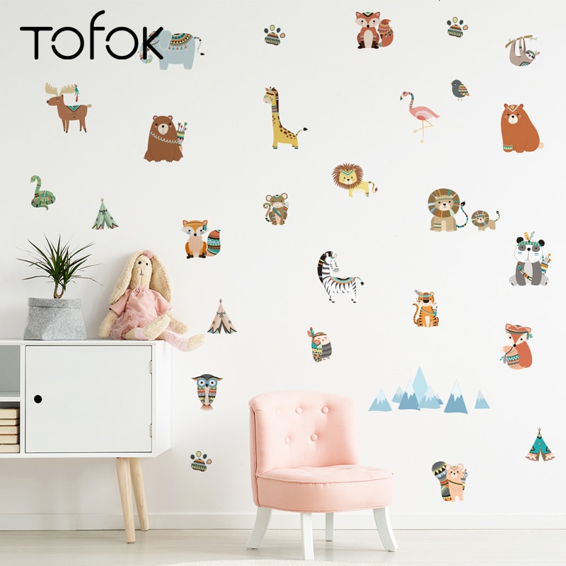 Tofok Ins adhesivos de pared de animales tribales creativos DIY estilo indio niños sala de estar TV sofá Fondo calcomanía Casa o guardería Decoración