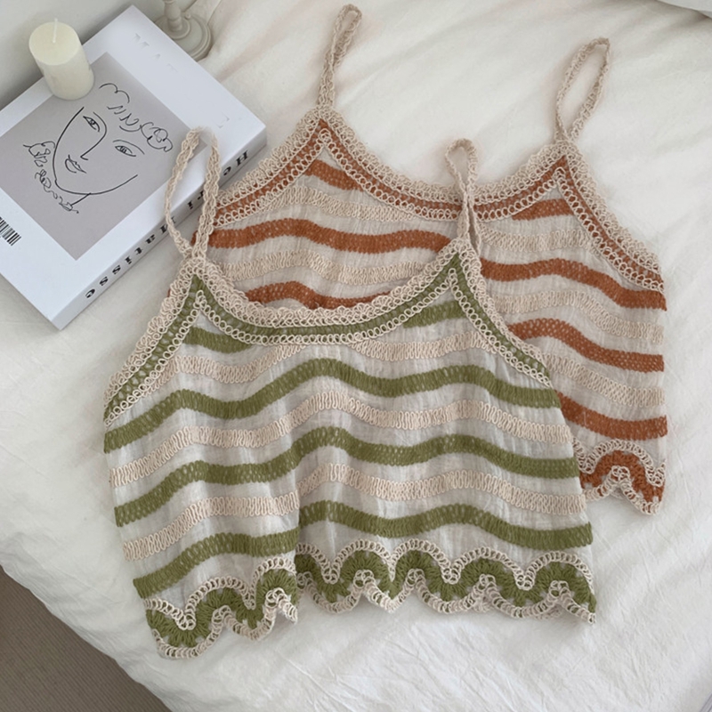 Camisola Vintage de lino y algodón para mujer, Top corto con tirantes finos y bordado de corazón a rayas, chaleco de ganchillo para playa