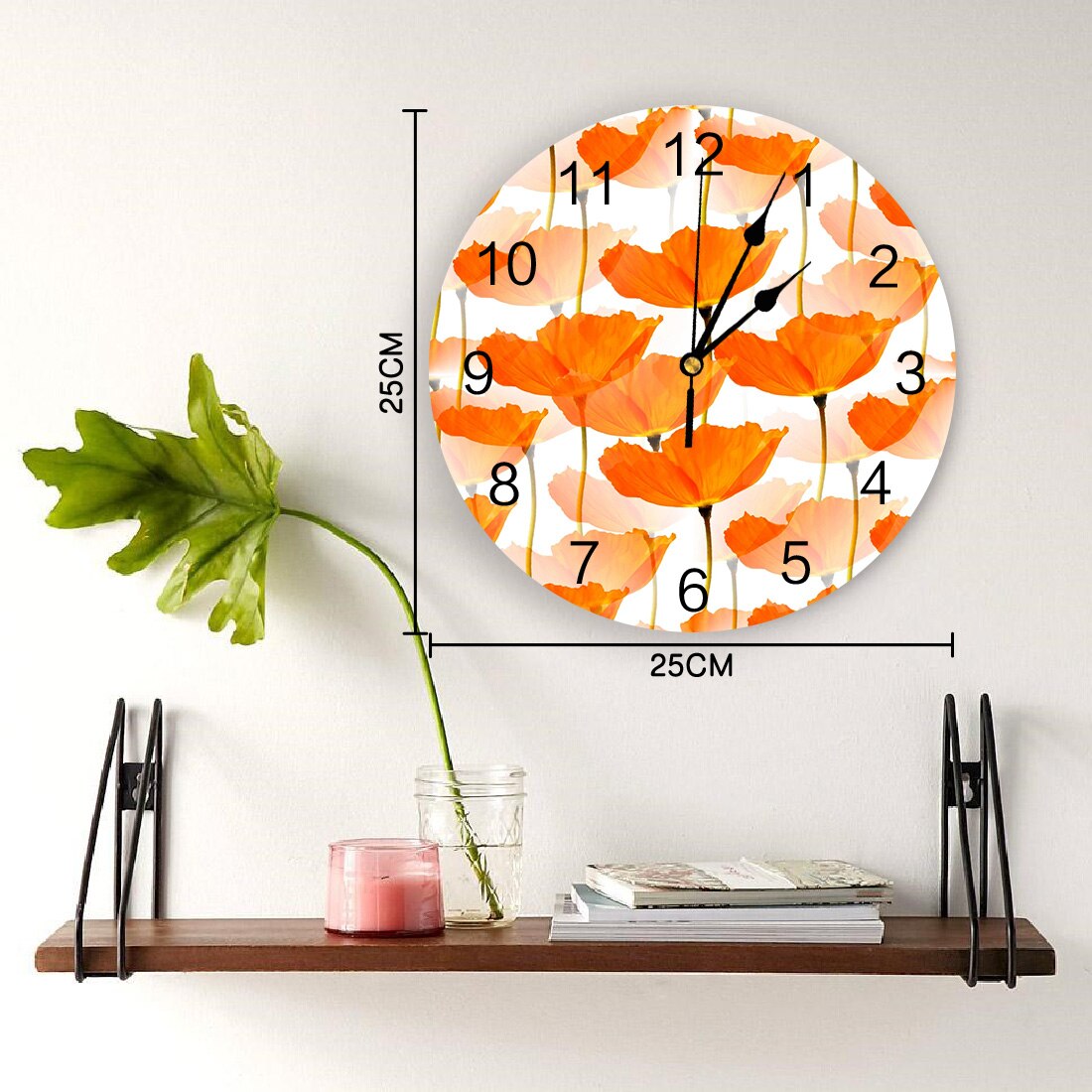 Horloge murale numérique avec coquelicots orange sur fond blanc, décoration d'intérieur, chambre à coucher, silencieuse