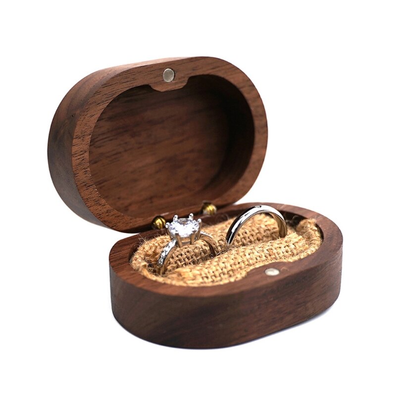 Walnoot Hout Sieraden Doos Engagement Huwelijksceremonie Ring Opslag Voorstel Draagbare Ring Houder Rustieke Trouwring Box