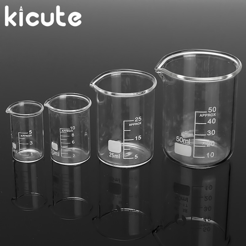 Kicute 4 stks 5 ml 10 ml 25 ml 50 ml Transparante Glazen Beker Set Afgestudeerd Borosilicaatglas Beker School laboratorium Studie Levert